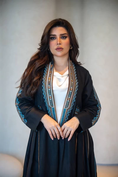 Black Linen Abaya with Embroidery C:IB293 Black/B